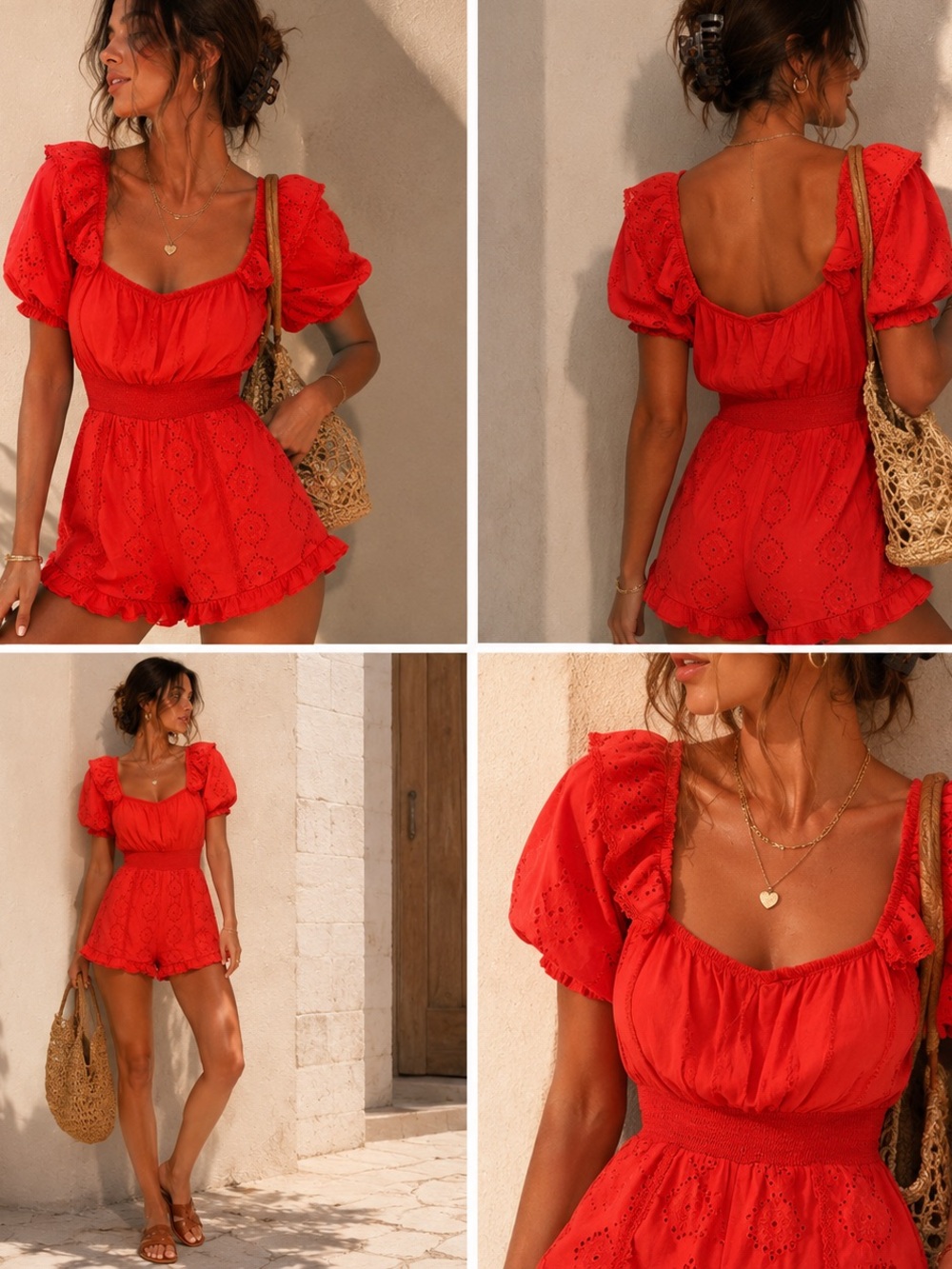 Miss Selfridge Red Eyelet Puff Sleeve Romper